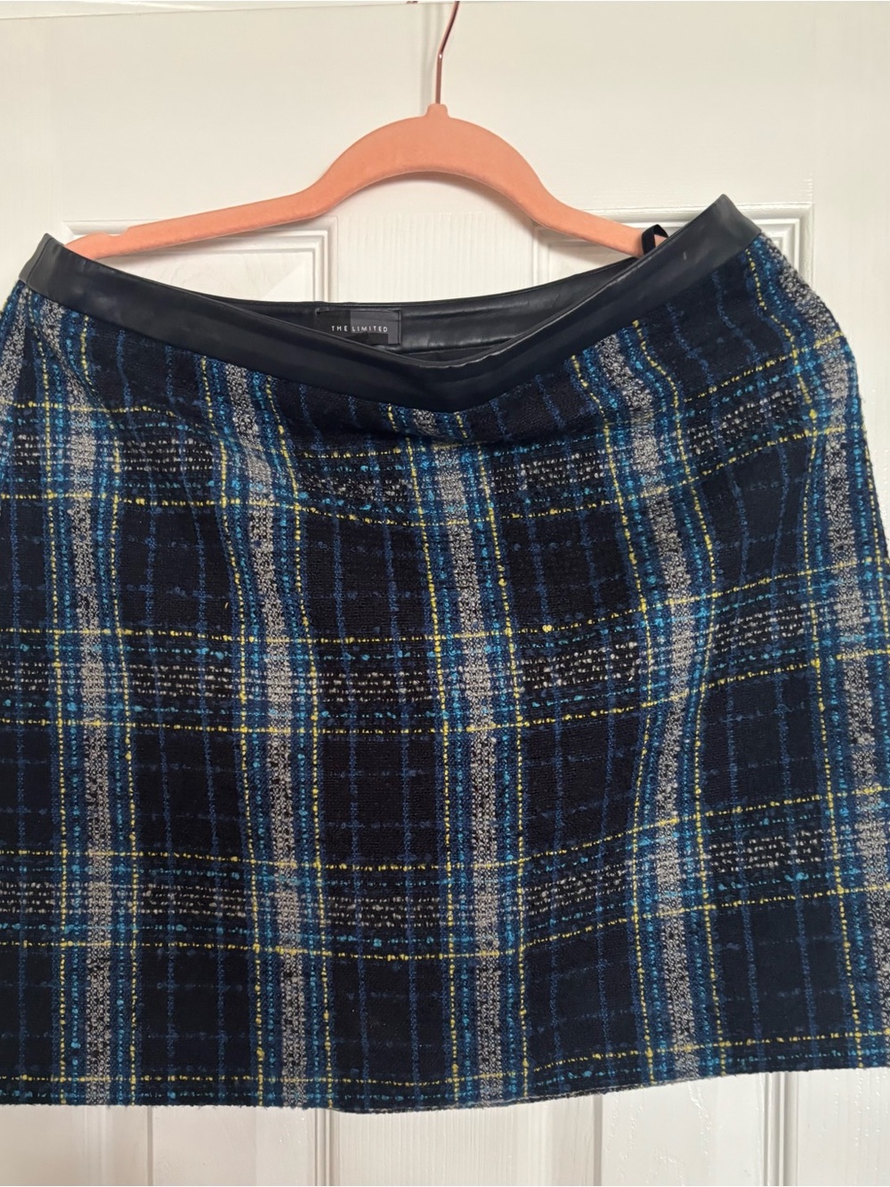 The Limited Navy Plaid Mini Skirt with Faux Leather Waistband